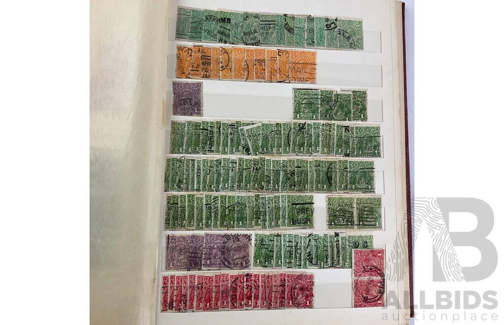 Album of Australian Predecimal Stamps Including Colonial State Stamps, 1911 First Philatelic Exhibition Souvenir Stamp, QV, KGV, KGVI, Kangaroo on Map, Perfins, Overprints with Seven Seas Australian Stamp Catalogue, Stamp New Australia