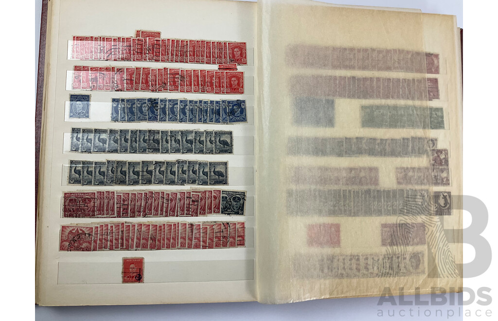 Album of Australian Predecimal Stamps Including Colonial State Stamps, 1911 First Philatelic Exhibition Souvenir Stamp, QV, KGV, KGVI, Kangaroo on Map, Perfins, Overprints with Seven Seas Australian Stamp Catalogue, Stamp New Australia