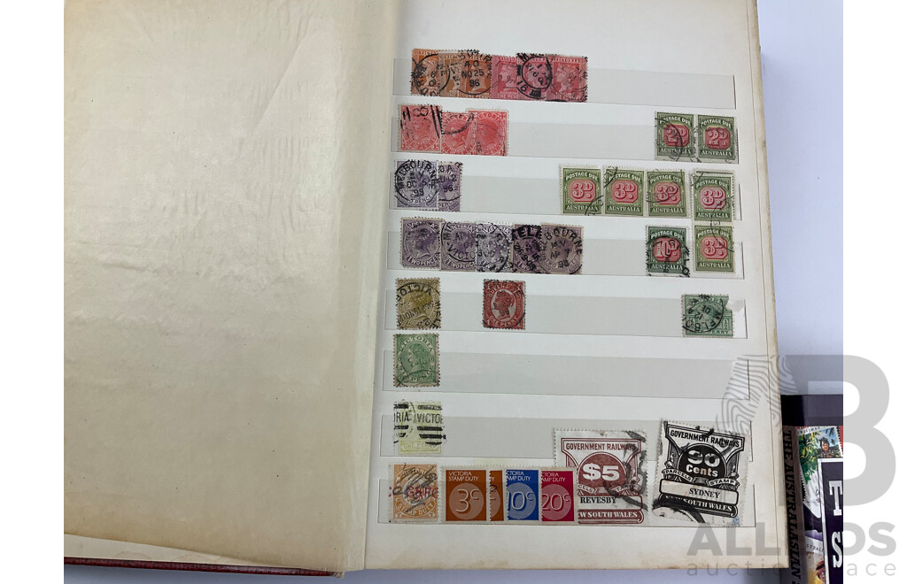 Album of Australian Predecimal Stamps Including Colonial State Stamps, 1911 First Philatelic Exhibition Souvenir Stamp, QV, KGV, KGVI, Kangaroo on Map, Perfins, Overprints with Seven Seas Australian Stamp Catalogue, Stamp New Australia
