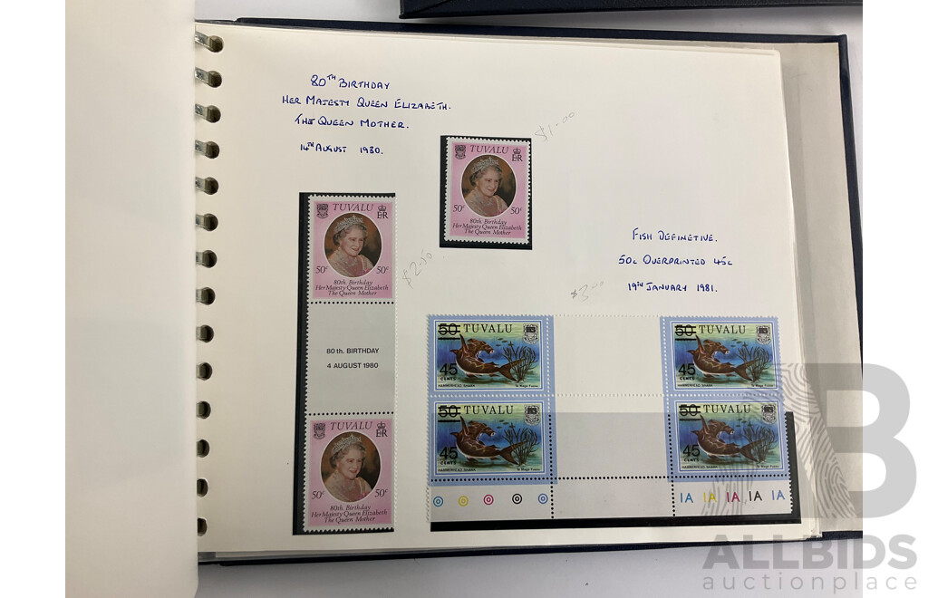 Three Albums of Tuvalu Stamp Sets, Examples Spanning 1976 to 1980's, Officials, Commemoratives with Album of Tuvalu Post Office Presentation Packs