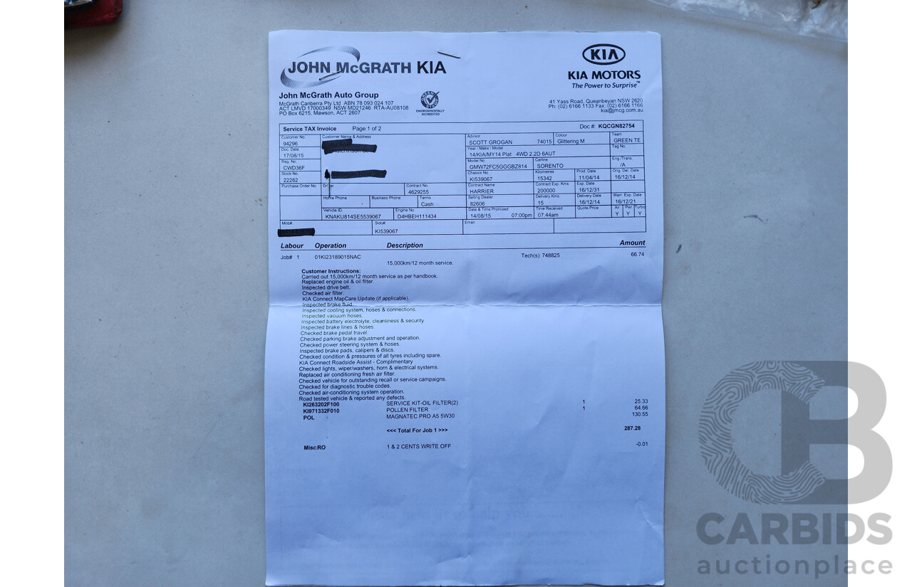 12/2014 Kia Sorento Platinum (4x4) XM MY14 4d Wagon Grey 2.2L