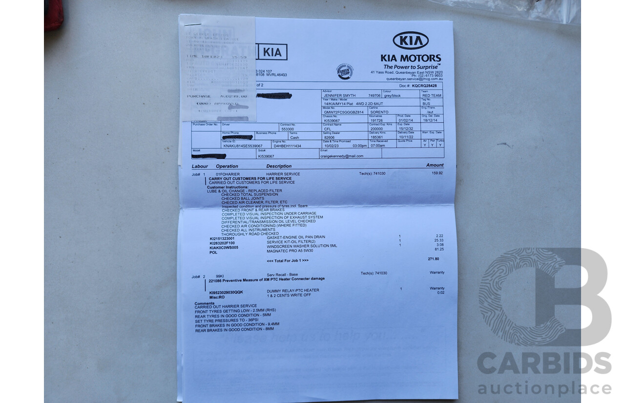 12/2014 Kia Sorento Platinum (4x4) XM MY14 4d Wagon Grey 2.2L