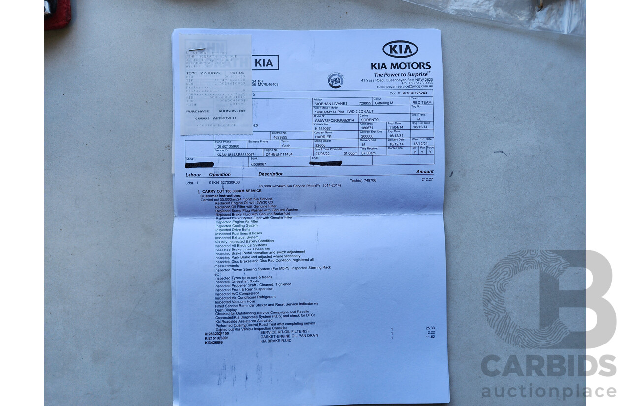 12/2014 Kia Sorento Platinum (4x4) XM MY14 4d Wagon Grey 2.2L