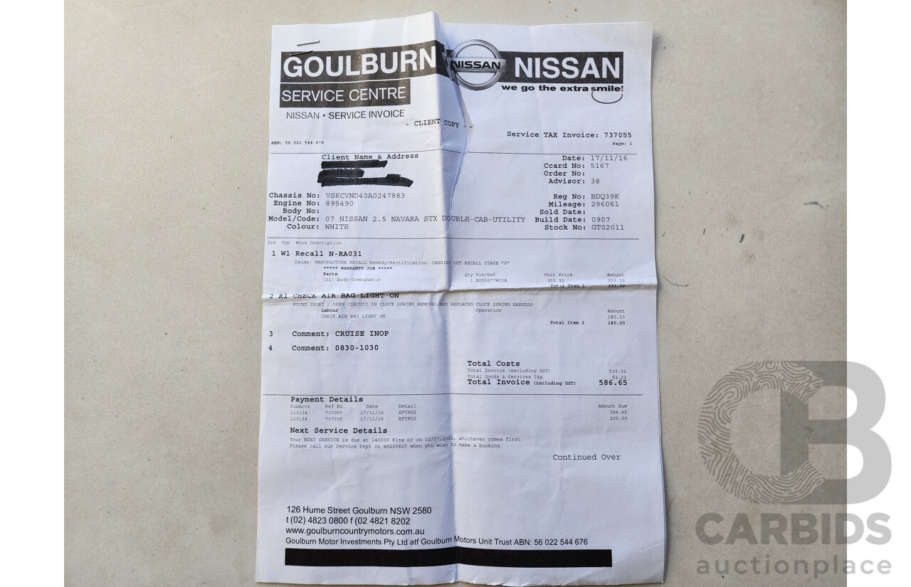 11/2007 Nissan Navara ST-X (4x4) D40 Dual Cab P/Up White 2.5L