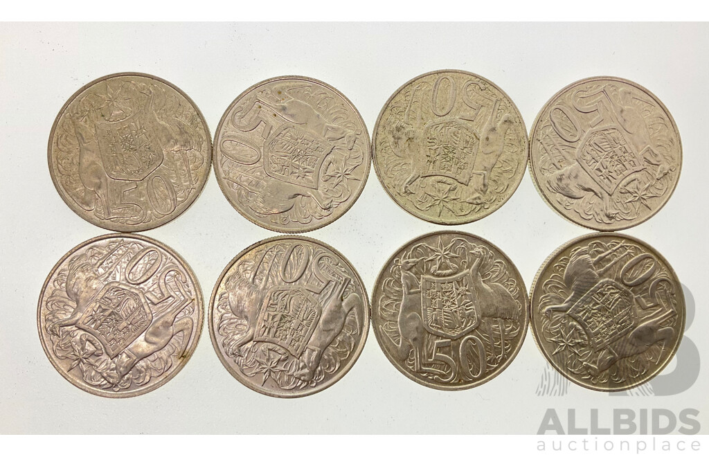 Eight Australian 1966 Round Fifty Cent Coins .800