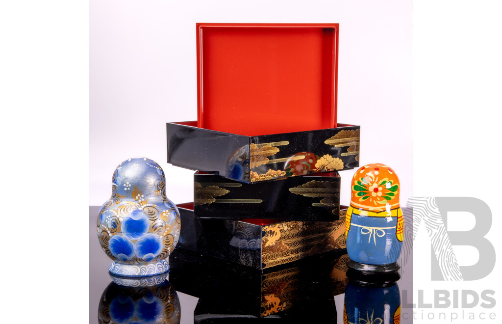 Two Vintage Hand Painted Russian Babushka Dolls, One Wirth Ten Layers, One with Five Layers, Along with Three Level Japanese Lacquer Ware Box