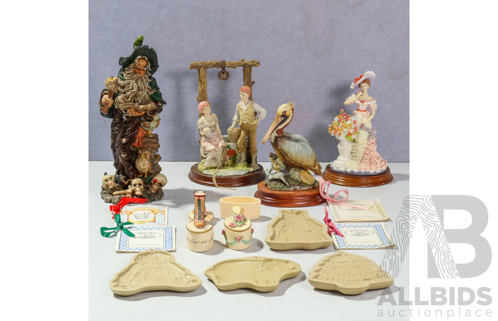 Collection Decorative Items Including Composite Figures, Porcelain Lady Figure. Four Brown Bag Cookie Moulds and More