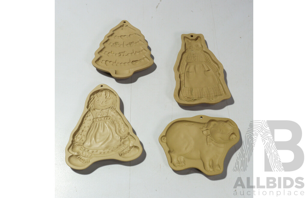 Collection Decorative Items Including Composite Figures, Porcelain Lady Figure. Four Brown Bag Cookie Moulds and More