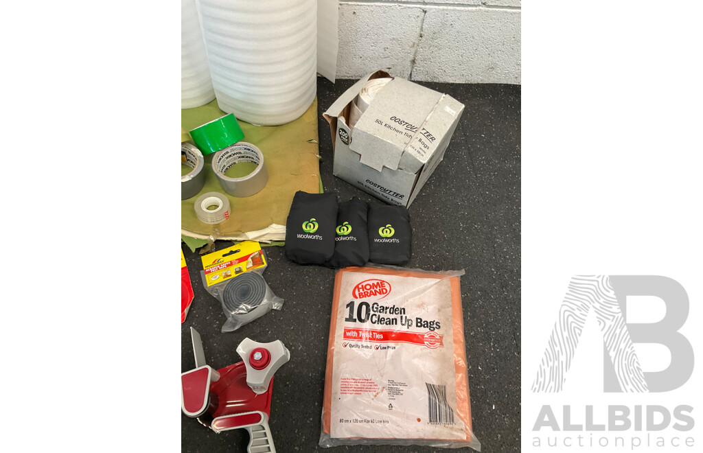 Assorted Packing and Moving Supplies, Including Bubble Wrap, Foam Wrap, Tapes, Garden Bags and More