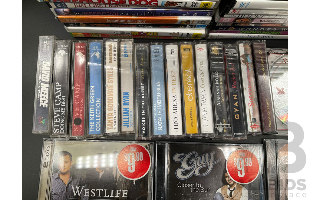 Assorted DVDs, CDs  and Cassettes
