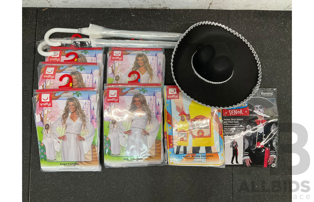 Assorted Adults Costumes, Including Christma Ladies White Angle (S,M,L), Tequila Bottle Costume and Others