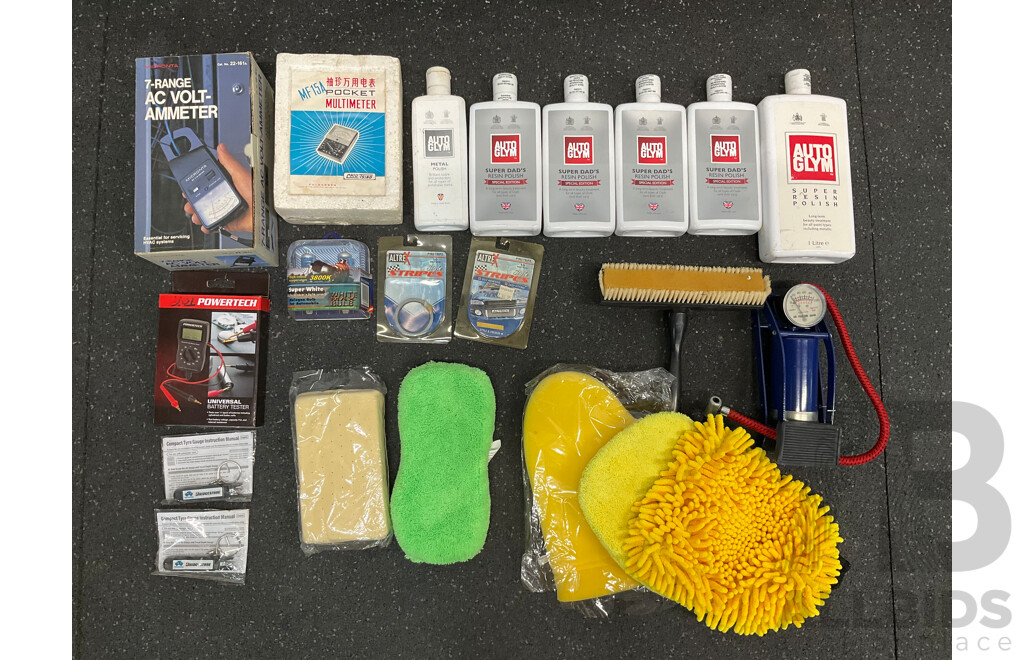 Assorted Car Cleaning Supplies and Multimeters
