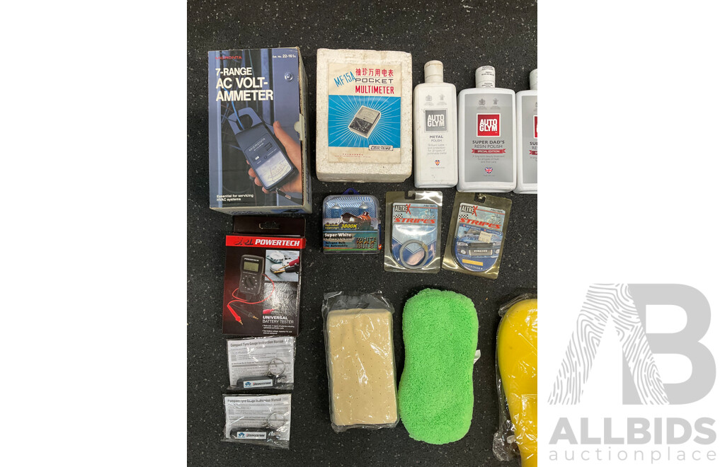 Assorted Car Cleaning Supplies and Multimeters