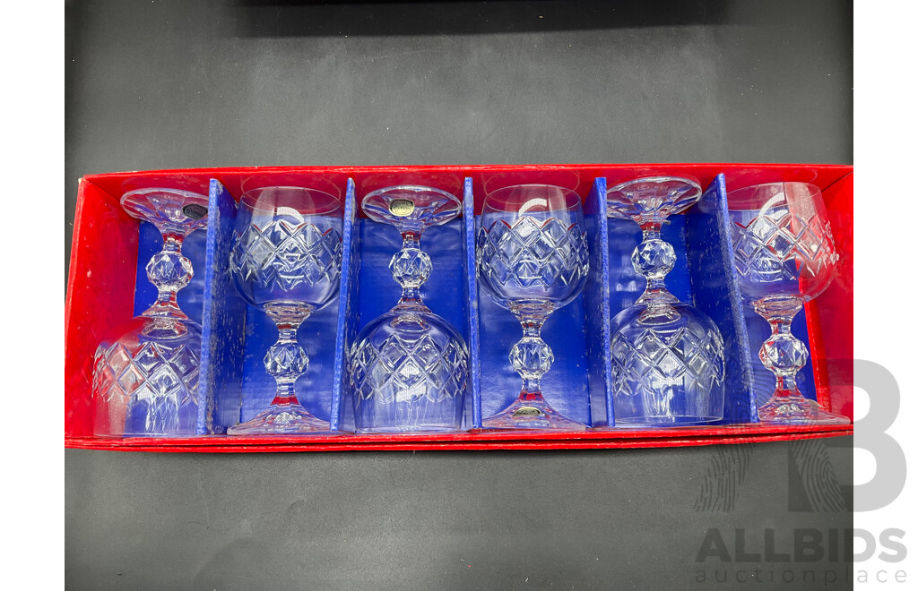 Set Six Bohemia Crystal PATRICIA Stem Glasses in Original Box and Set Six Bohemia Crystal BRISTOL Stem Glasses in Original Box
