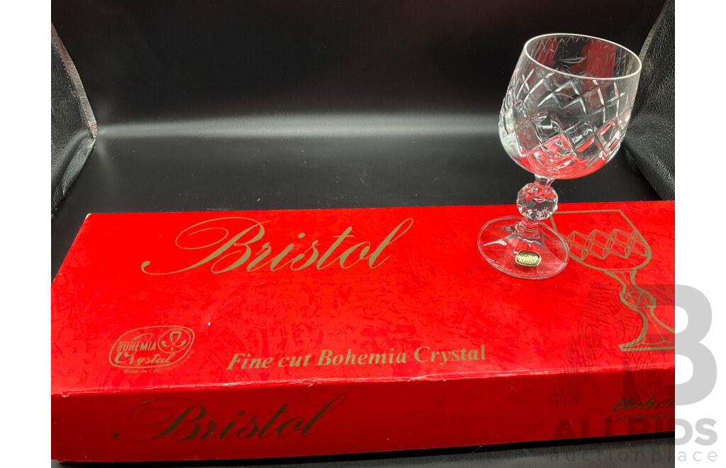 Set Six Bohemia Crystal PATRICIA Stem Glasses in Original Box and Set Six Bohemia Crystal BRISTOL Stem Glasses in Original Box