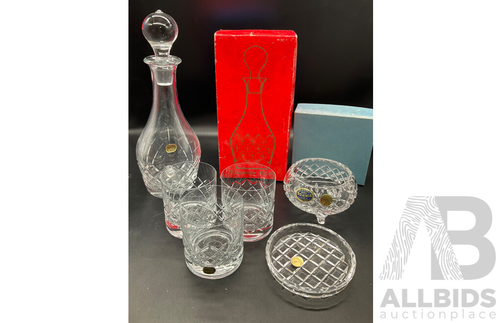 Retro Bohemia Crystal Pieces Comprising Decanter with Stopper, Set Three  Glasses, Three Legged Bowl and Tray