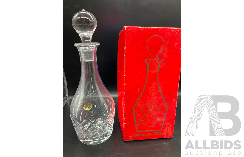 Retro Bohemia Crystal Pieces Comprising Decanter with Stopper, Set Three  Glasses, Three Legged Bowl and Tray