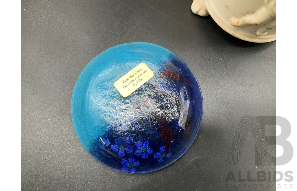 P. PUSELL Collection of Studio Pottery, Enameled Glass by Rose and Others - Lot of 16