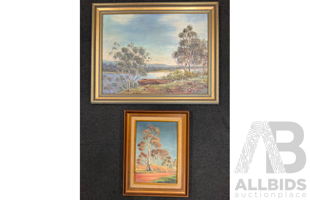 Roma Rumble,  ''By the Shoalhave River'' - Oil on Board 60x48 Cm (frame) & ''Ghost Gums of the Inland'' - Oil on Board 30x39 Cm (frame)