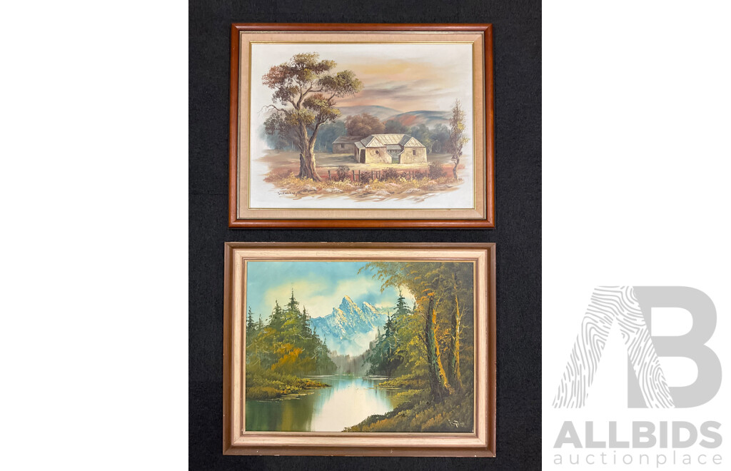 Artist Unknown - Schelkwyk,  ''Victoria 1963'' - Oil on Board 70x55 Cm (frame) & B.F. ''Mountains Scenery'' - Oil on Board 70x56 Cm (frame)