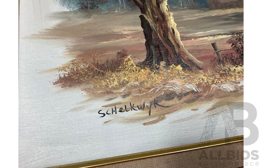 Artist Unknown - Schelkwyk,  ''Victoria 1963'' - Oil on Board 70x55 Cm (frame) & B.F. ''Mountains Scenery'' - Oil on Board 70x56 Cm (frame)