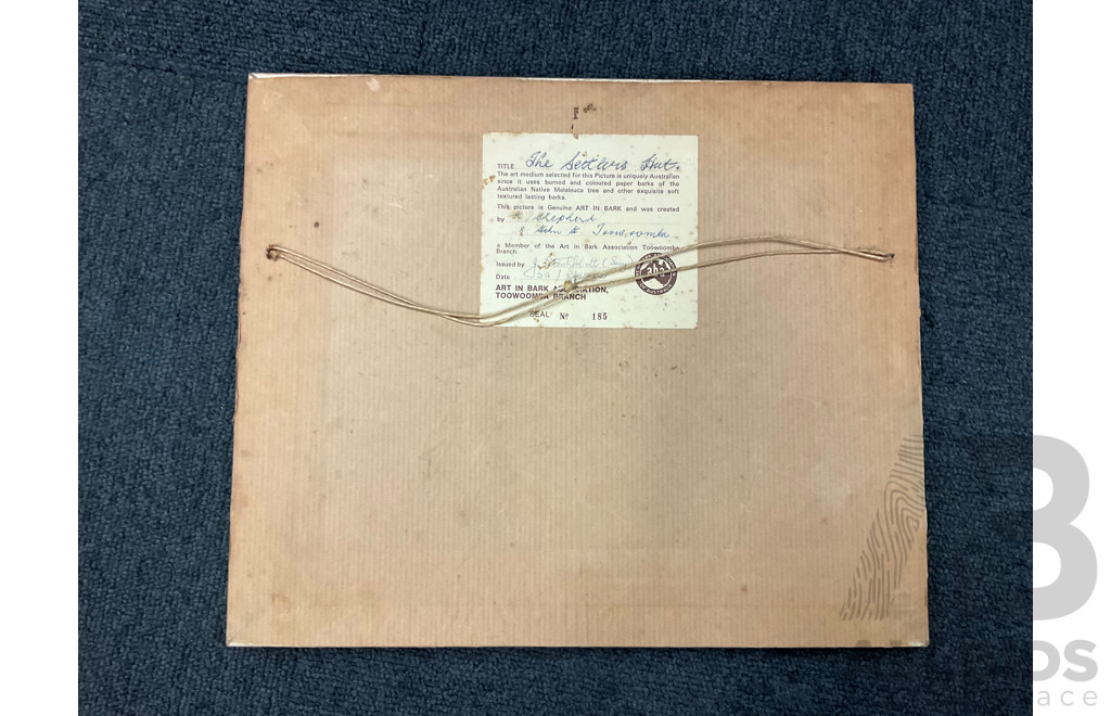 Artist Unknown - K.Shepherd,  ''The Settlers Hut'' - Paperbark Collage 31x26 Cm (frame) &  ''Scenery'' - Paperbark Collage 18x18 Cm (frame)