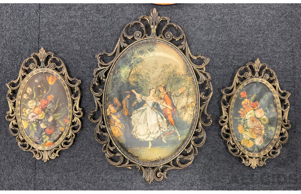 Ornate Framed Pictures and Decorative Woooden Plate - Lot of 4