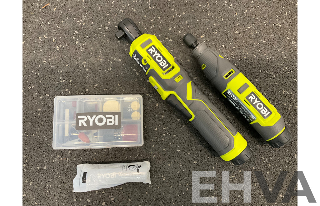 RYOBI 4V USB Lithium Rachet Wrench (RRW4) with Battery,  Rotary Tool (RRT4) Skin Only, Battery and Rotary Tool Accessory Kit - Lot of 4