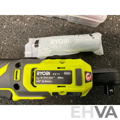 RYOBI 4V USB Lithium Rachet Wrench (RRW4) with Battery,  Rotary Tool (RRT4) Skin Only, Battery and Rotary Tool Accessory Kit - Lot of 4