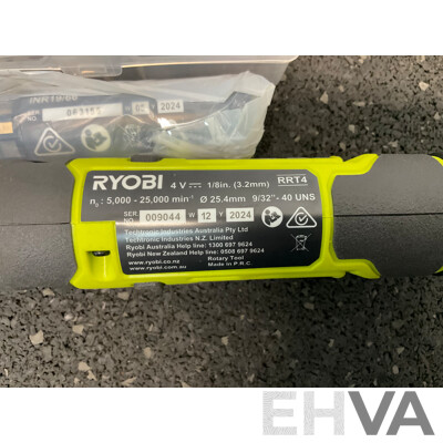 RYOBI 4V USB Lithium Rachet Wrench (RRW4) with Battery,  Rotary Tool (RRT4) Skin Only, Battery and Rotary Tool Accessory Kit - Lot of 4