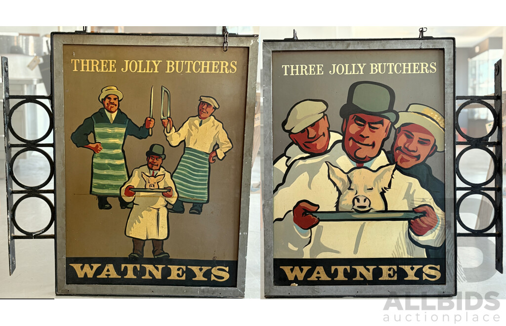 Vintage Hand Painted Double Sided Pub Sign 'Three Jolly Butchers' Watneys