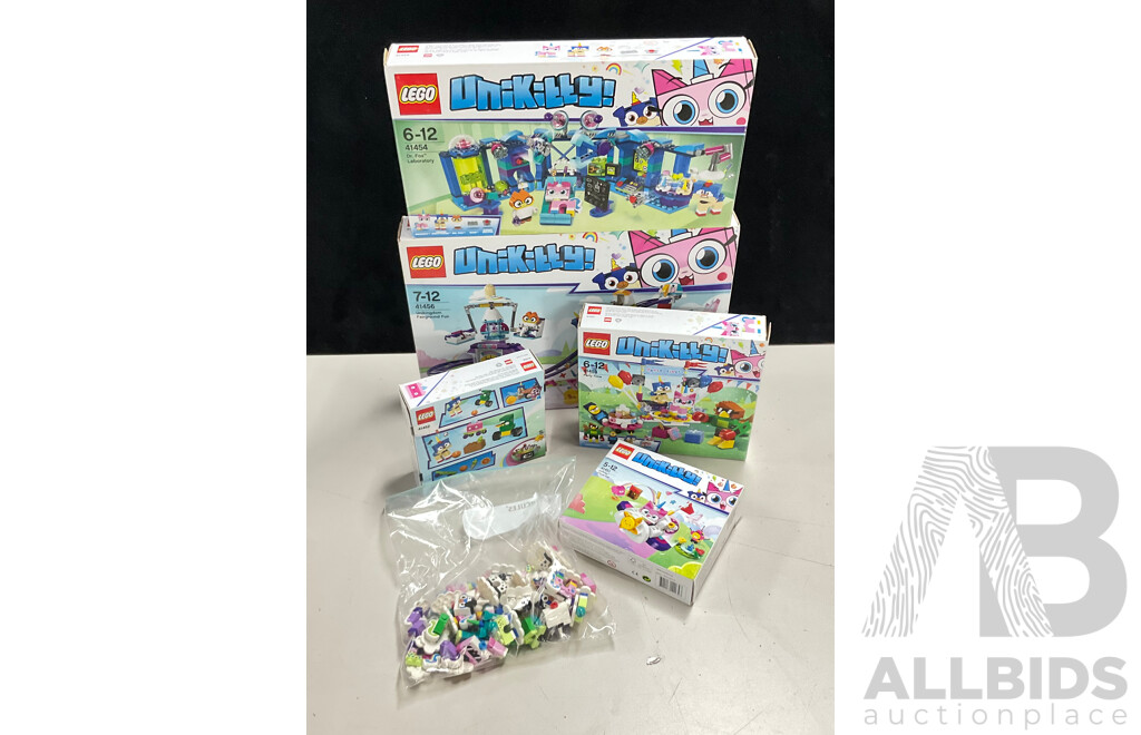 Collection Lego Unikitty! Sets, Opened, in Original Boxes with Instructions Including Unikingdom Fairground Fun 41456, Dr Fox Laboratory 41454 and More
