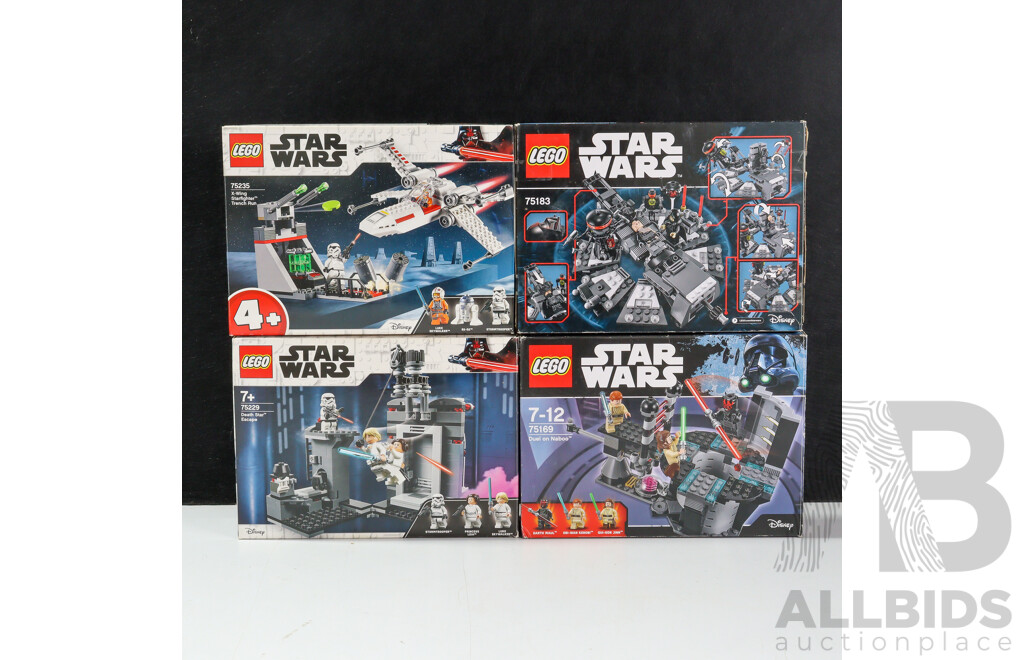 Collection Four Lego Starwars Sets, Opened, in Original Boxes with Instructions Including Duel on Naboo 75169, Death Star Escape 75229 and More