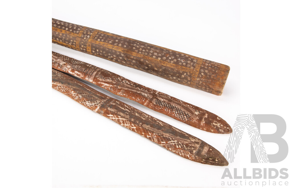 Hand Made Australian Eucalyptus Didgeridoo with Painted Decoration Along with Pair Australian Indigenous Wooden Clubs with Cross Hatched Decoration