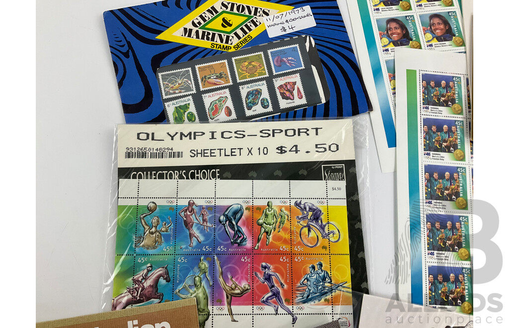 Collection of Australian Stamp Packs, Booklets and Sheets Including Colonial Military Uniforms, Prime Ministers, Australian Birds, Art of the Desert, Collectors Choice
