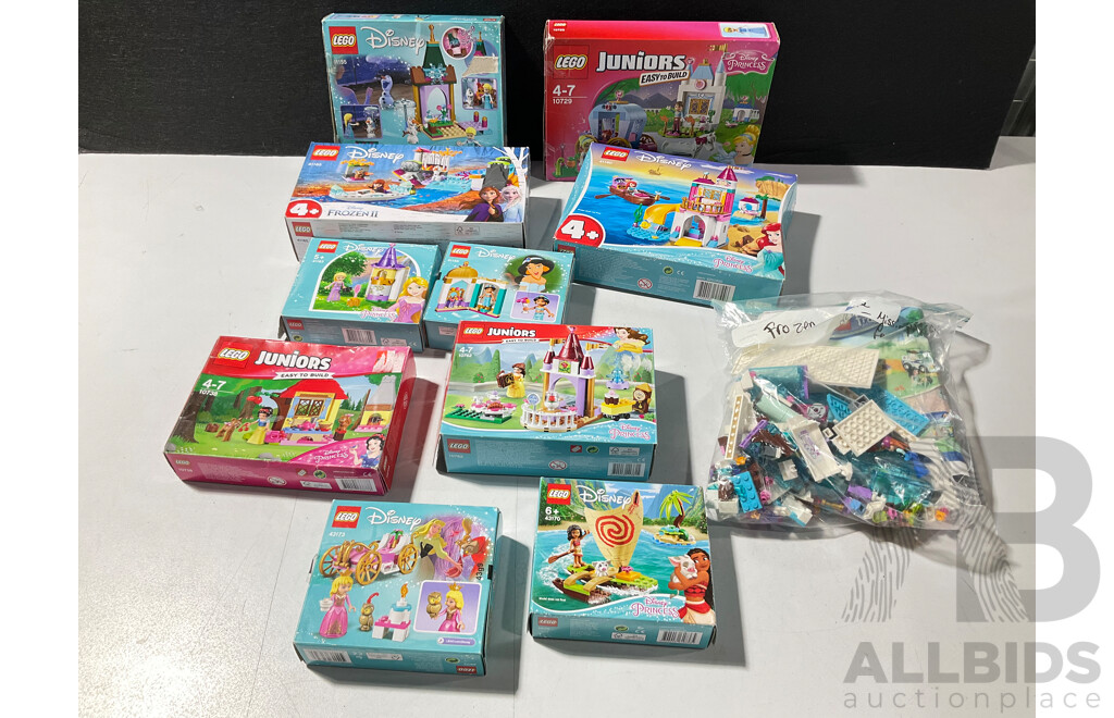 Collection Eleven Lego Disney Sets, Opened, Ten in Original Boxes with Instructions Including  Frozen II 41165, Frozen 41155 and More