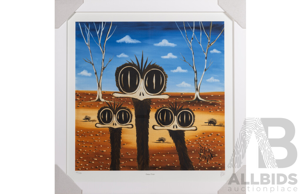 Peter Browne, (20th Century, Australian, 1947-), Emu Trio, Giclee Limited Edition Print, Hand Signed, 65 x 65 cm (frame)