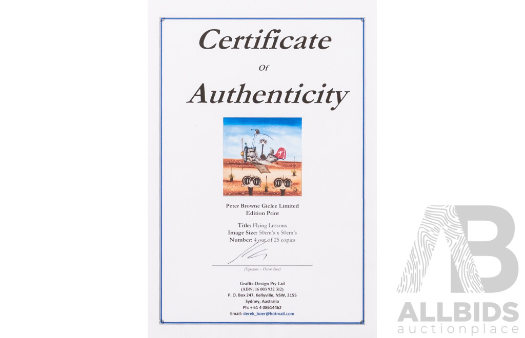 Peter Browne, (20th Century, Australian, 1947-), Flying Lessons, Giclee Limited Edition Print, Hand Signed, 65 x 65 cm (frame)