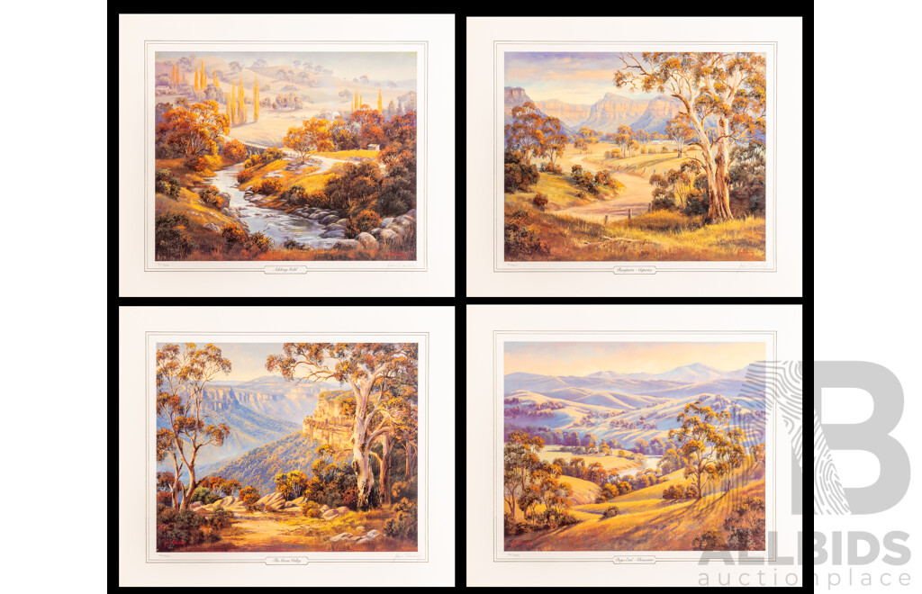 John Bradley (20th Century, Australian, 1945-), Adelong Gold; Ramparts - Capertree; The Grose Valley & Days End - Gloucester, Four Original Signed & Editioned Prints After Originals, 49H x 59W cm (unframed) (4)