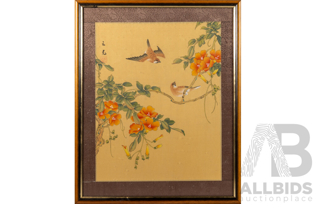 Artist Unknown (20th Century, Asian School), Birds & Blossoms, Vintage Ink & Watercolour on Silk Panel. 62 x 50 cm (frame)