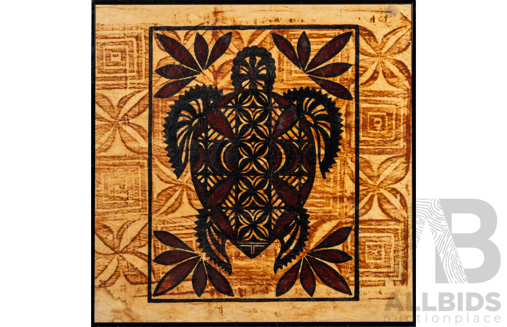 Artist Unknown, (20th Century), Turtle, Vintage Tongan Pigment on Tapa Cloth Mounted to Board, 49 x 49 cm (frame)