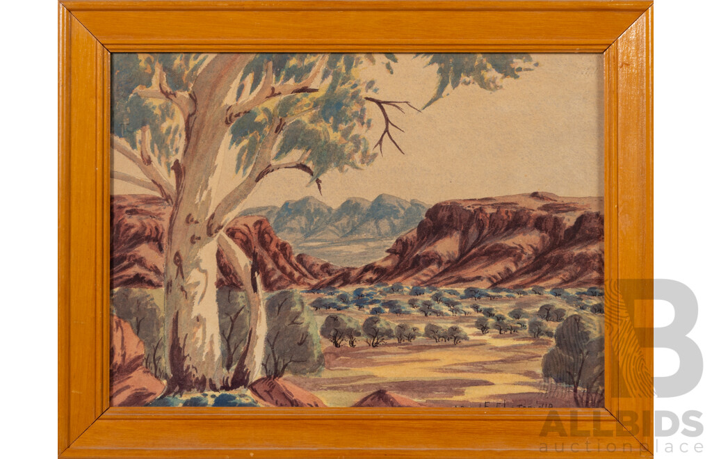 Arnulf Ebatarinja (20th Century, Indigenous-Australian, 1931-), Central Desert Landscape with Ghost Gum, Wonderful Original Vintage Watercolour, 34 x 44 cm (frame)