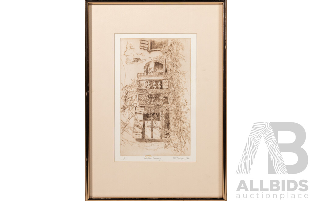 Jill Clingan (20th Century, Australian, 1942-), Venetian Balcony (1982), Editioned Original Etching, 42 x 29 cm (frame)