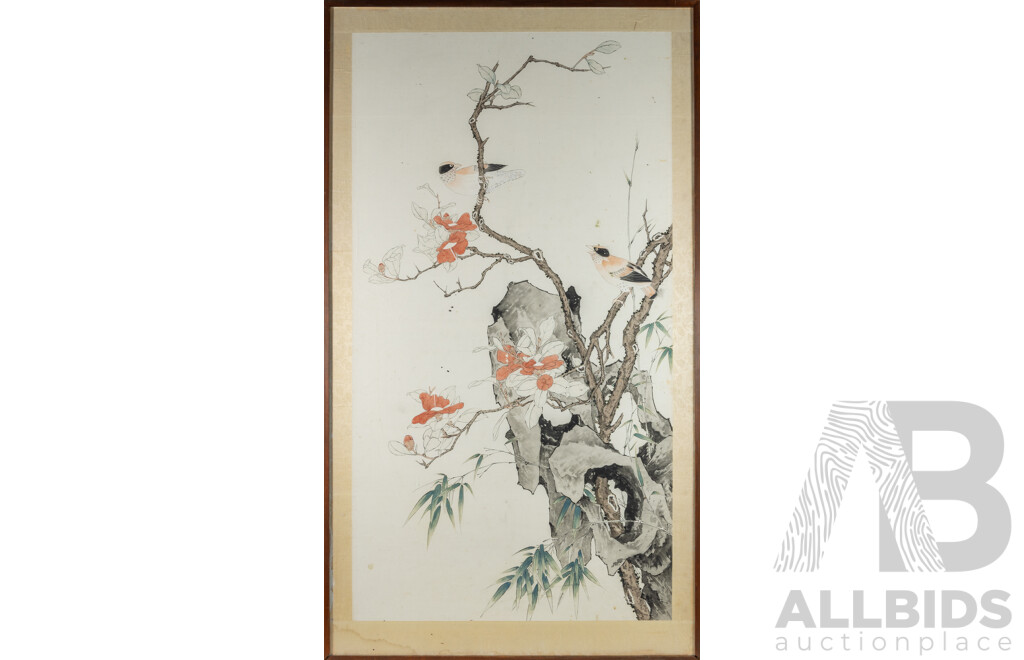Artist Unknown (20th Century, Chinese School), Birds 0n Branch with Blossoms, Original Vintage Ink and Wash on Rice Paper, 140 x 80 cm (frame)
