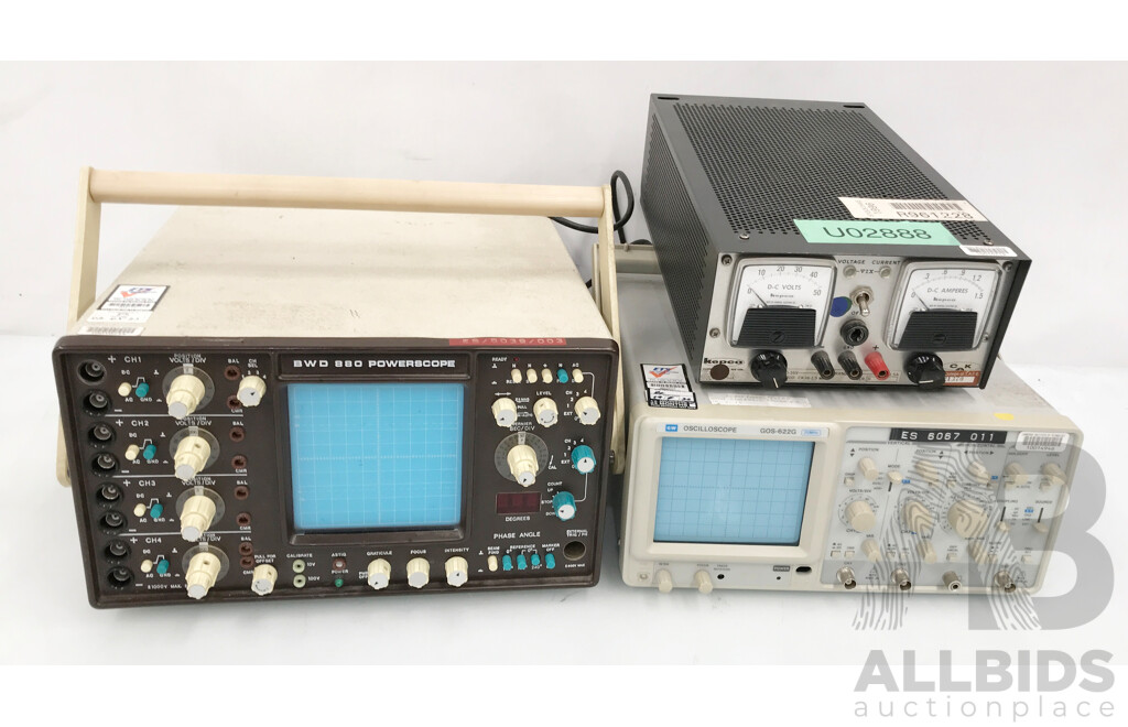 Kepco Regulated Power Supply, GW Instek Oscilloscope, and BWD Oscilloscope - Lot of 3