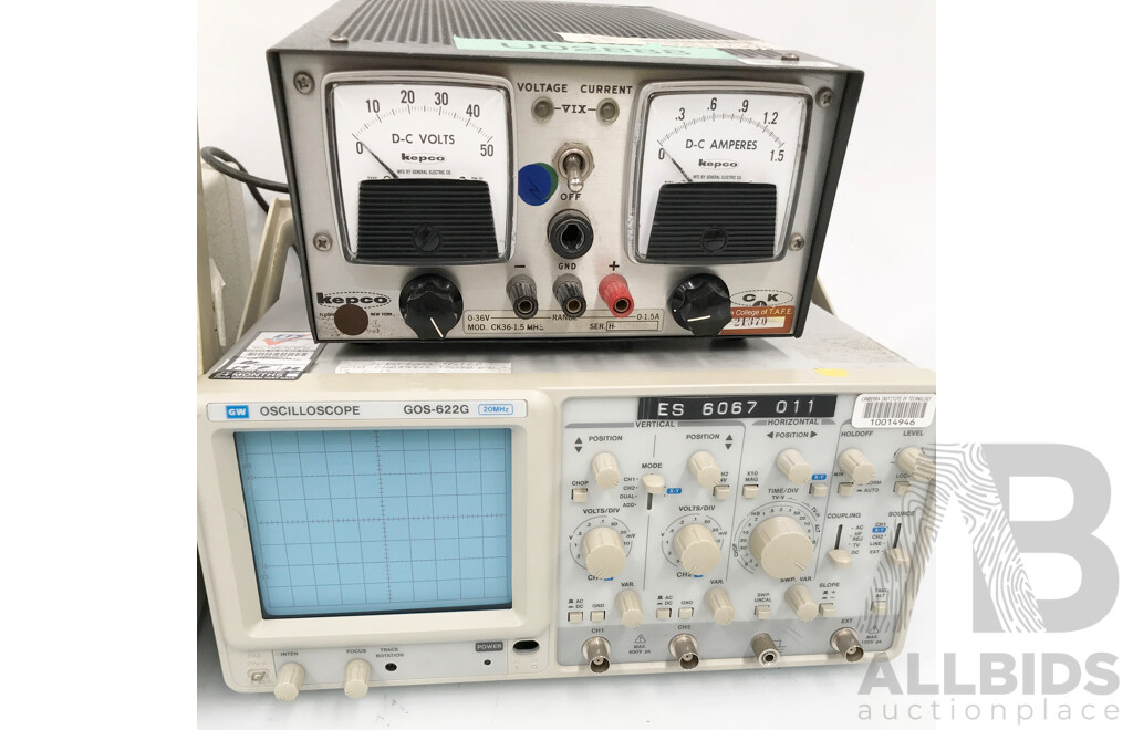 Kepco Regulated Power Supply, GW Instek Oscilloscope, and BWD Oscilloscope - Lot of 3