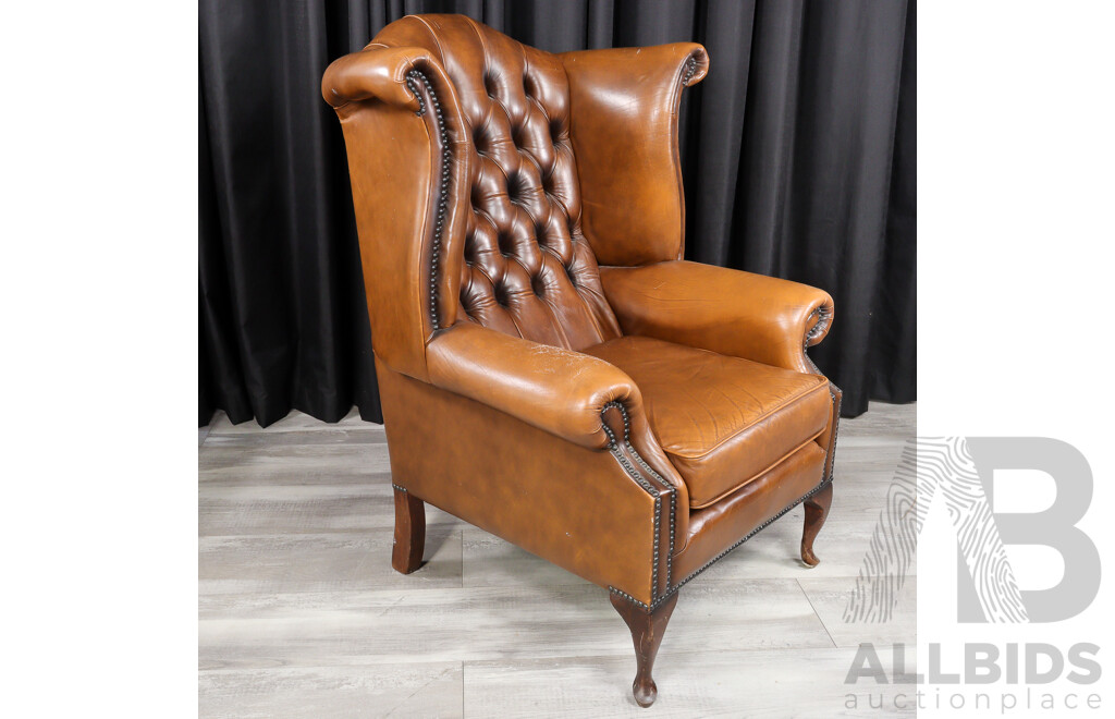 Pair of Leather Wingback Armchairs with Lift Top Ottomans