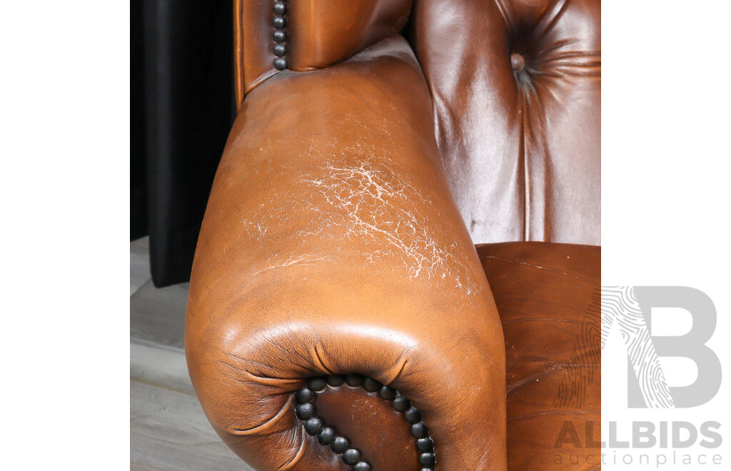 Pair of Leather Wingback Armchairs with Lift Top Ottomans