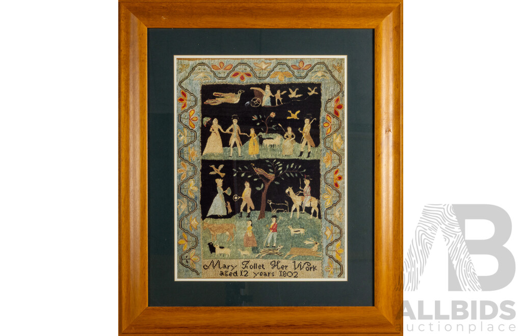 Contemporary Decorative Colour Print of Antique Needlework Example of Mary Follett Her Work Aged 12 1802, 82 x 70 cm (frame)