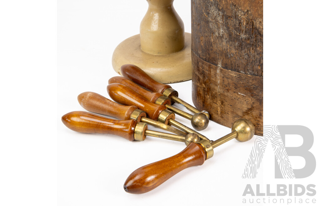 Good Collection Vintage Wooden Hat Blocks Including Light Wood Godfreys Sydney Huon Pine Example ALong with Collection Vintage Millinery Tools